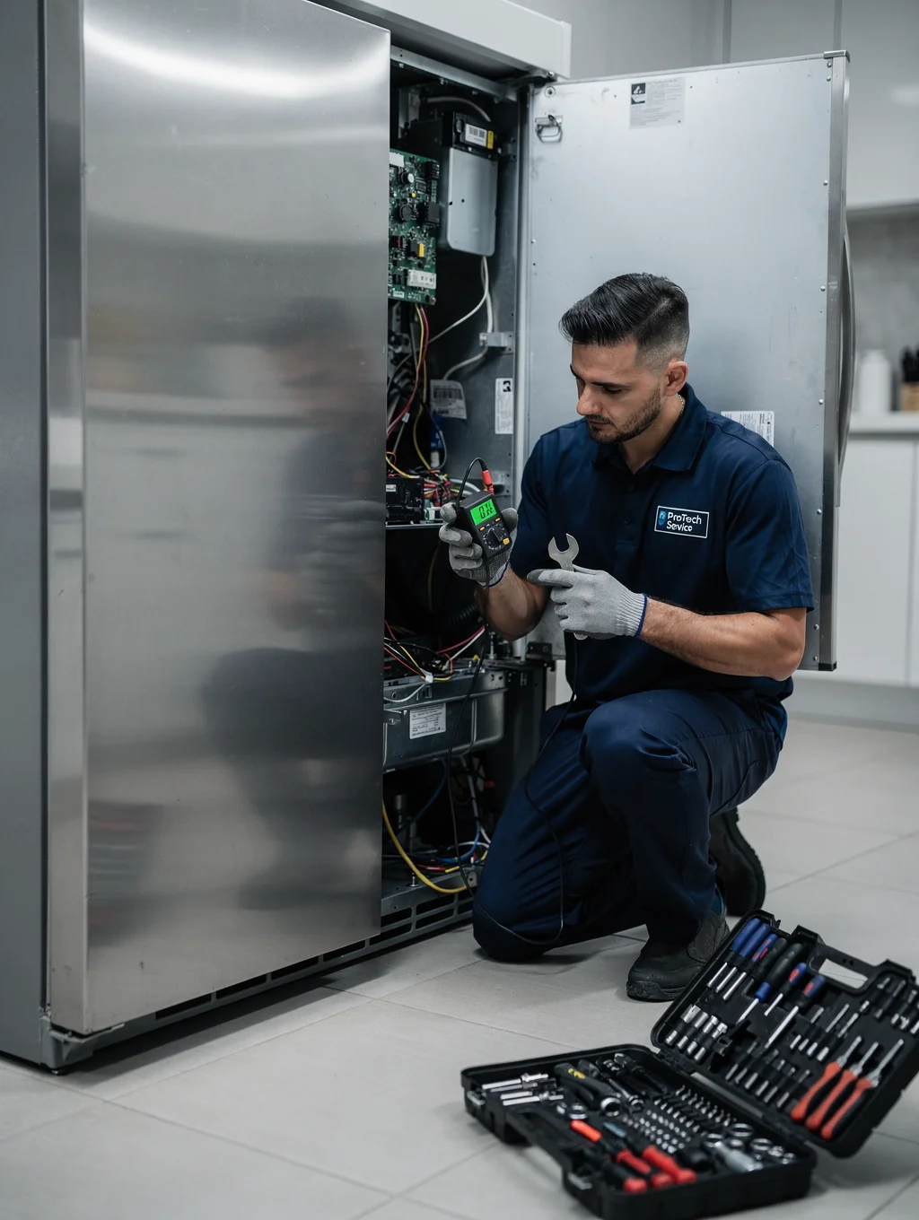 Certified technician inspecting modern kitchen appliance in Atlanta home