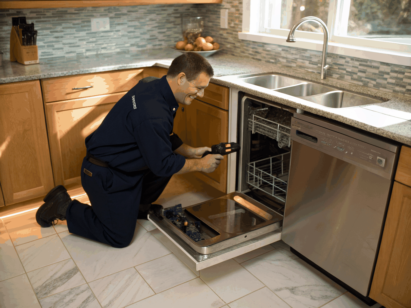 Bosch luxury kitchen appliances being inspected by a technician