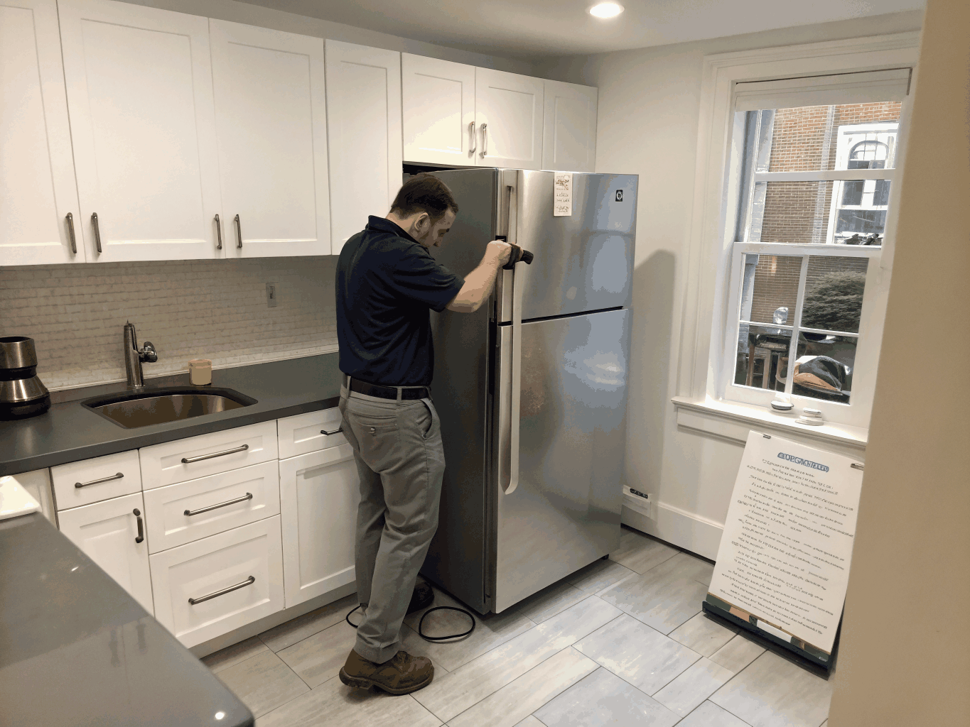 Technician repairing a residential refrigerator ice maker assembly