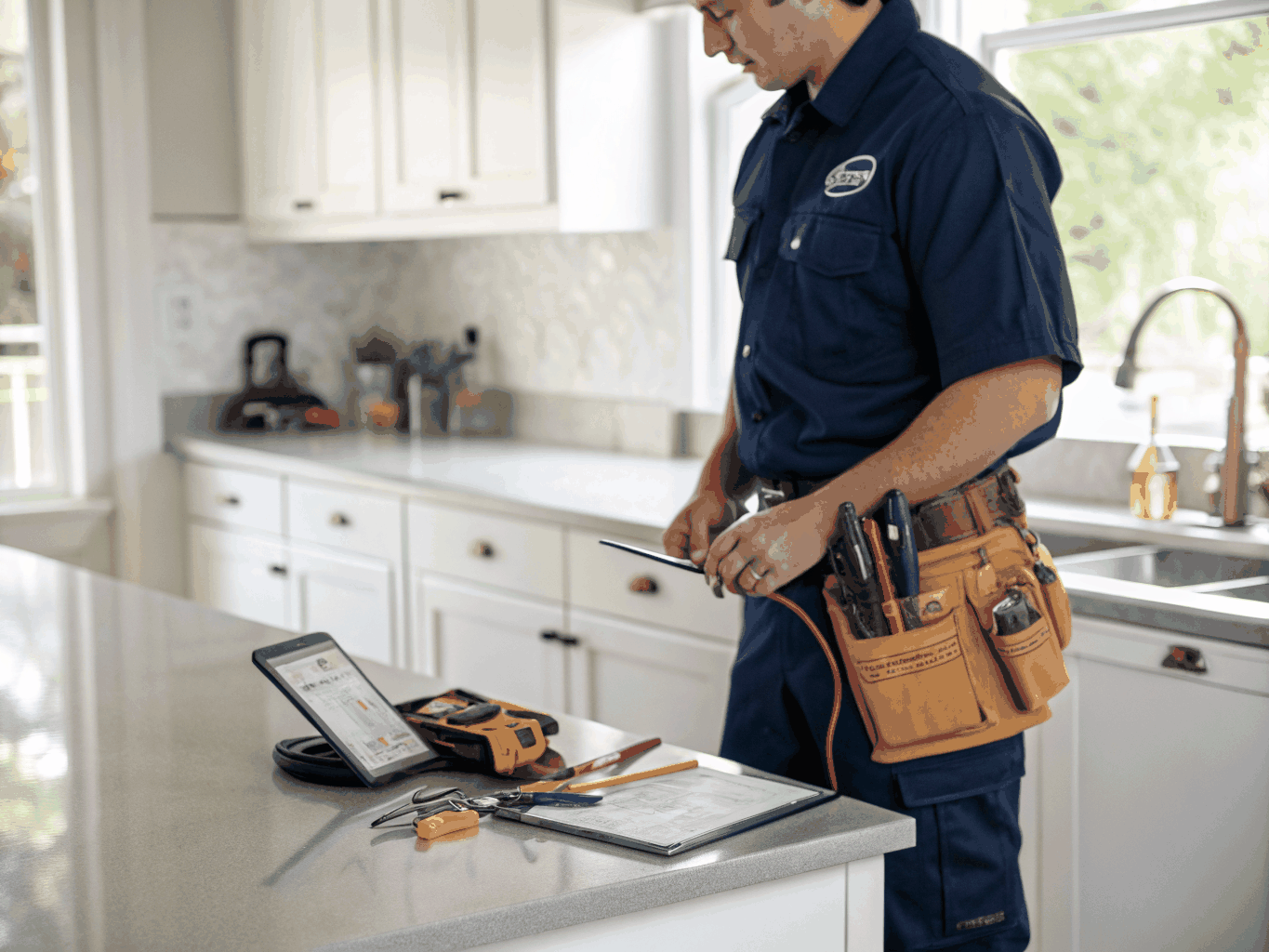 Professional appliance technician greeting homeowner at front door with tablet in Brookhaven, GA