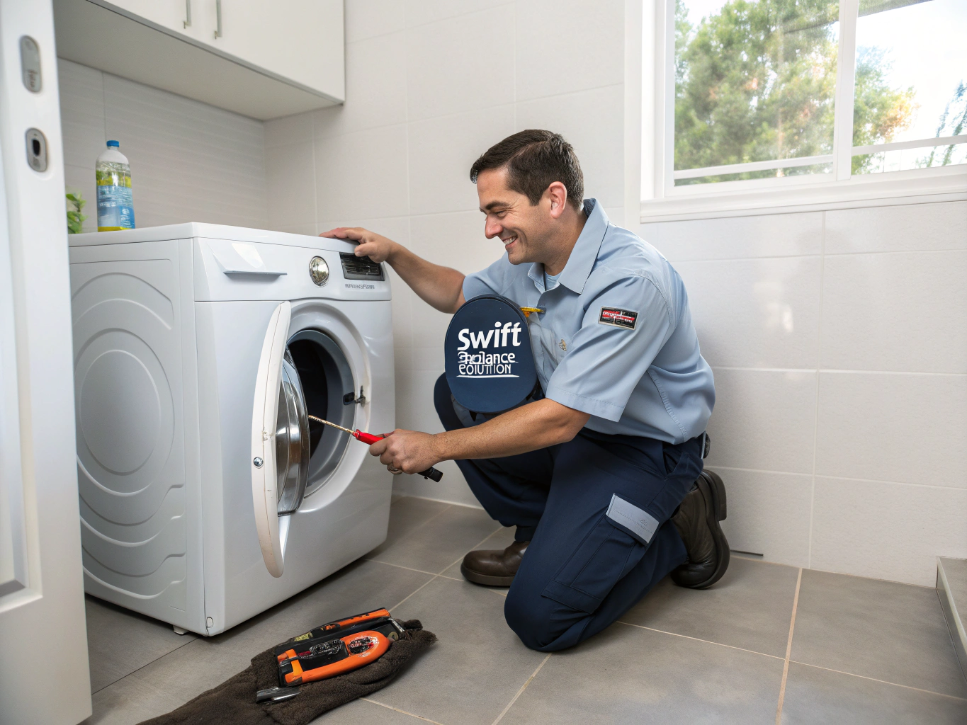 Professional technician inspecting a modern laundry dryer