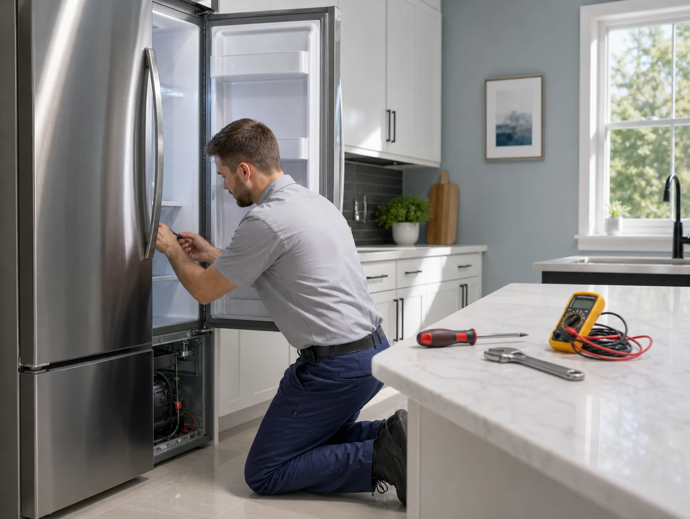 Technician repairing modern Frigidaire refrigerator and kitchen appliances