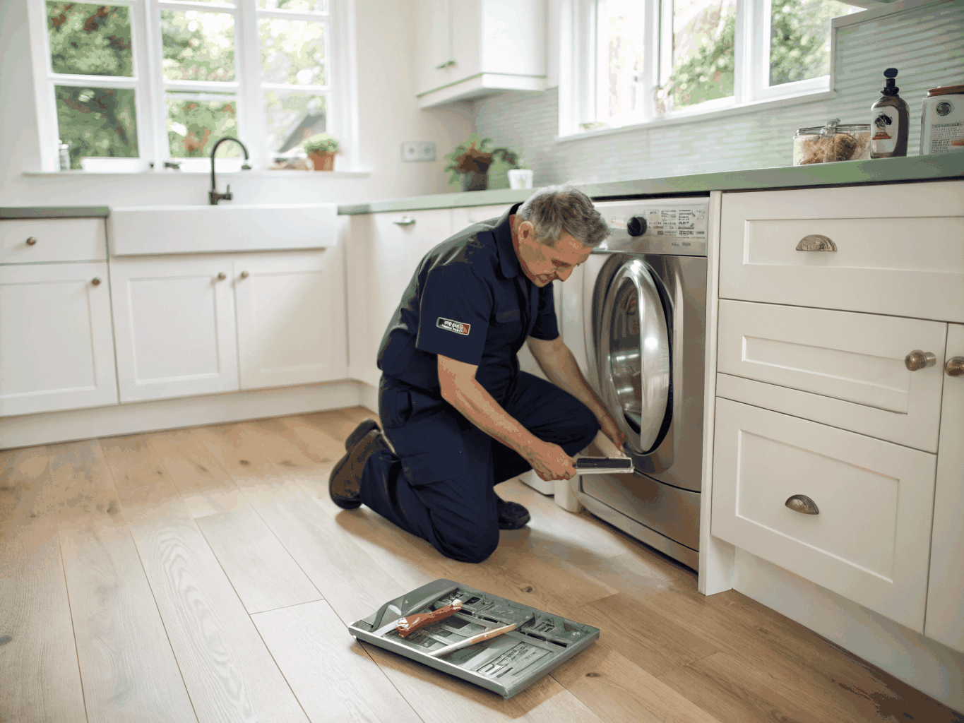 Certified technician servicing a modern Kenmore stainless steel kitchen appliance