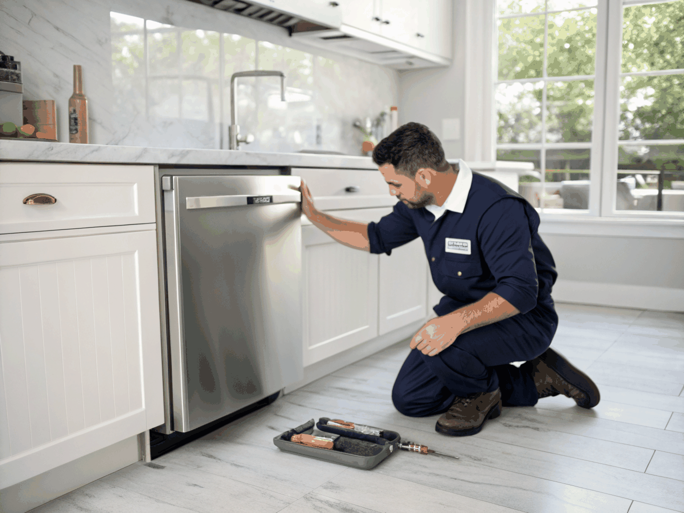 Professional appliance technician repairing a built-in microwave oven