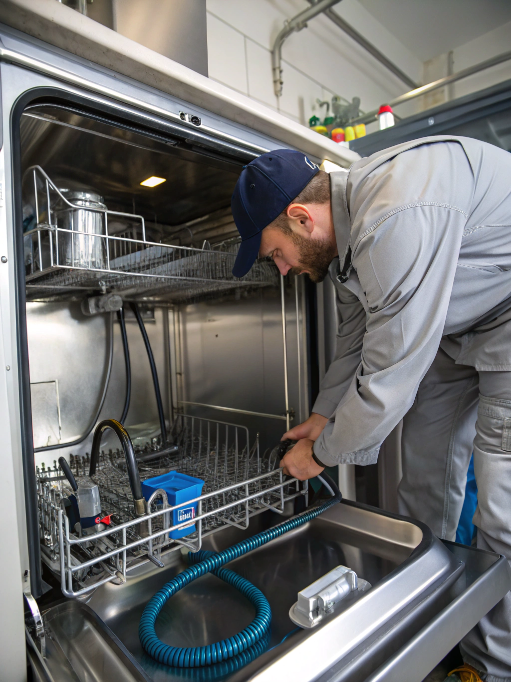 Modern dishwasher being inspected and repaired by a professional technician