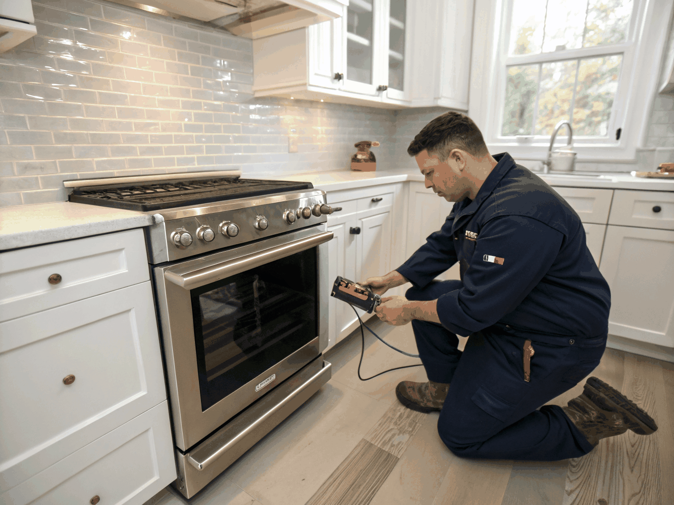 Professional appliance technician inspecting a kitchen oven
