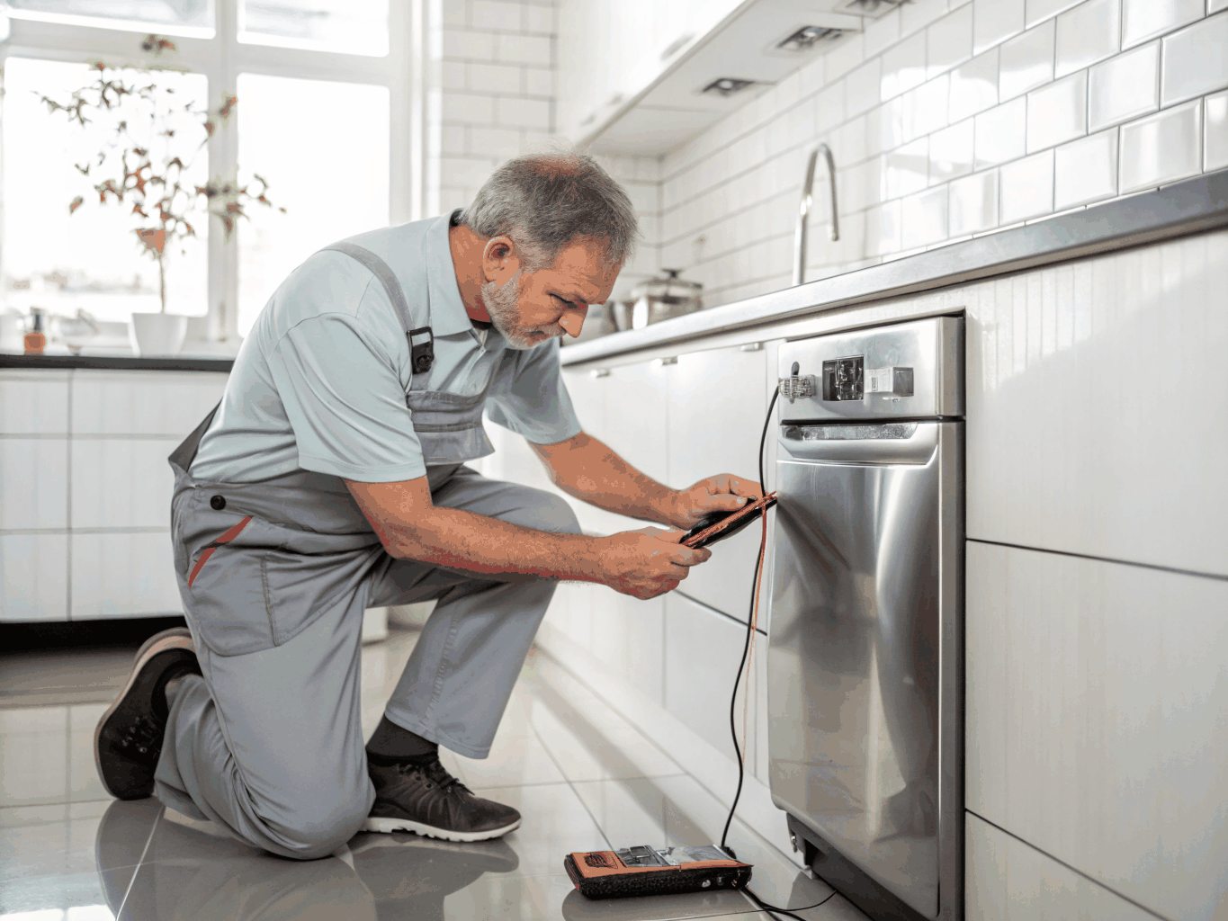 Technician repairing a modern kitchen appliance in Peachtree Corners home