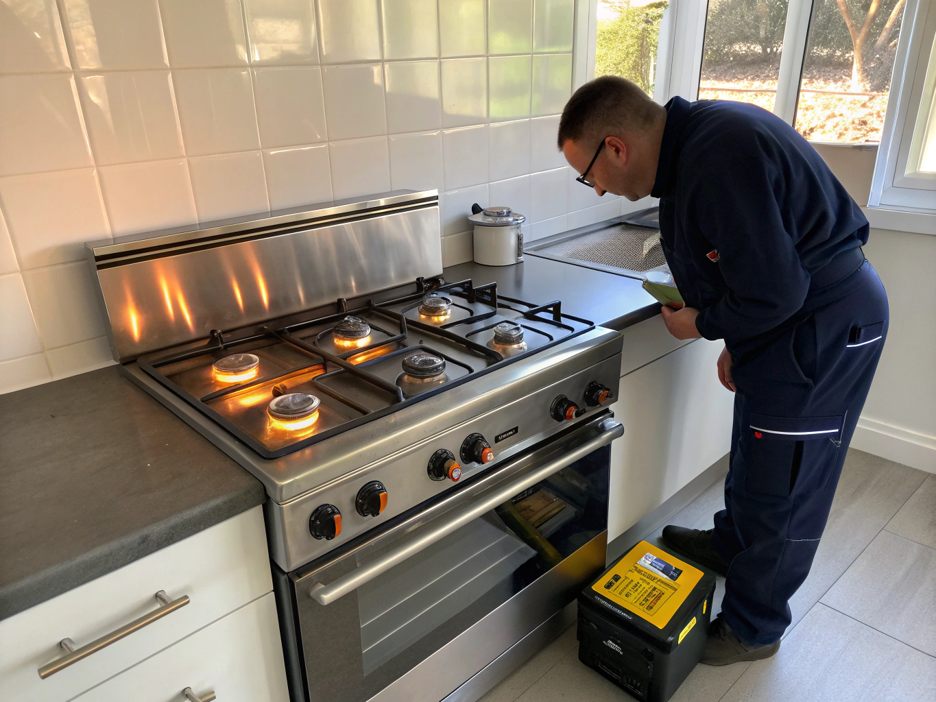 Technician testing gas range burner flame and ignition in Brookhaven kitchen