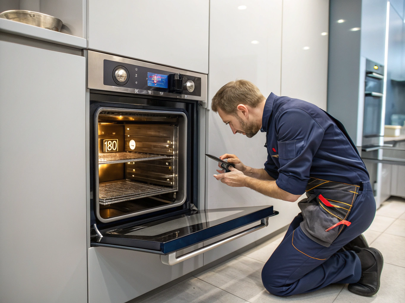 Technician inspecting an electric and gas oven heating element