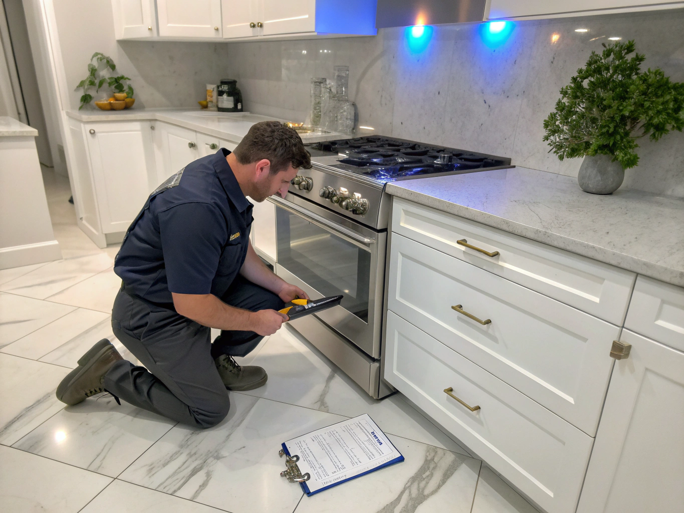 Professional technician repairing a kitchen stove and range in Brookhaven