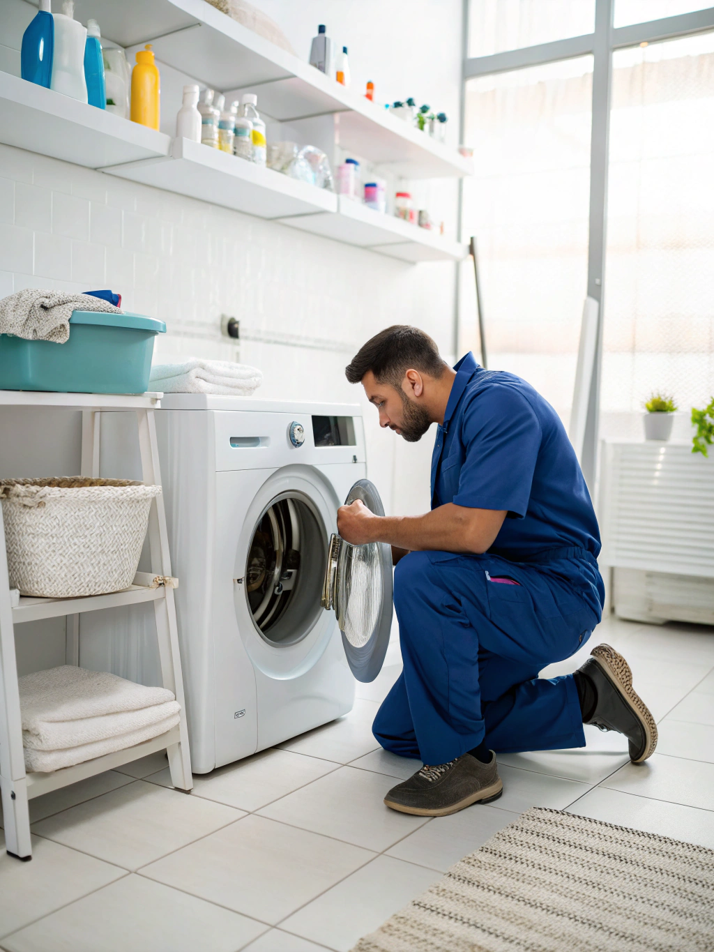 Professional technician inspecting a modern washing machine