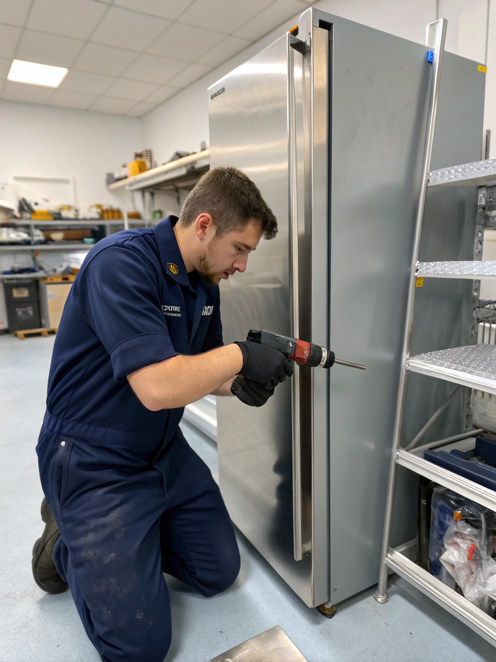 Technician repairing a residential upright and chest freezer